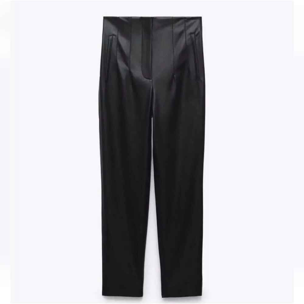 Zara Hihj Rise Faux Leather Slim Straight Leg Pants Size M Medium Black - Picture 7 of 12